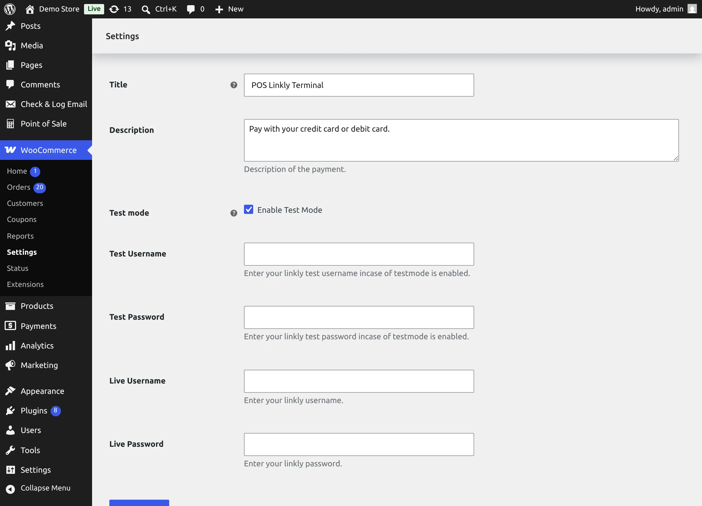 Linkly test and live credential fields