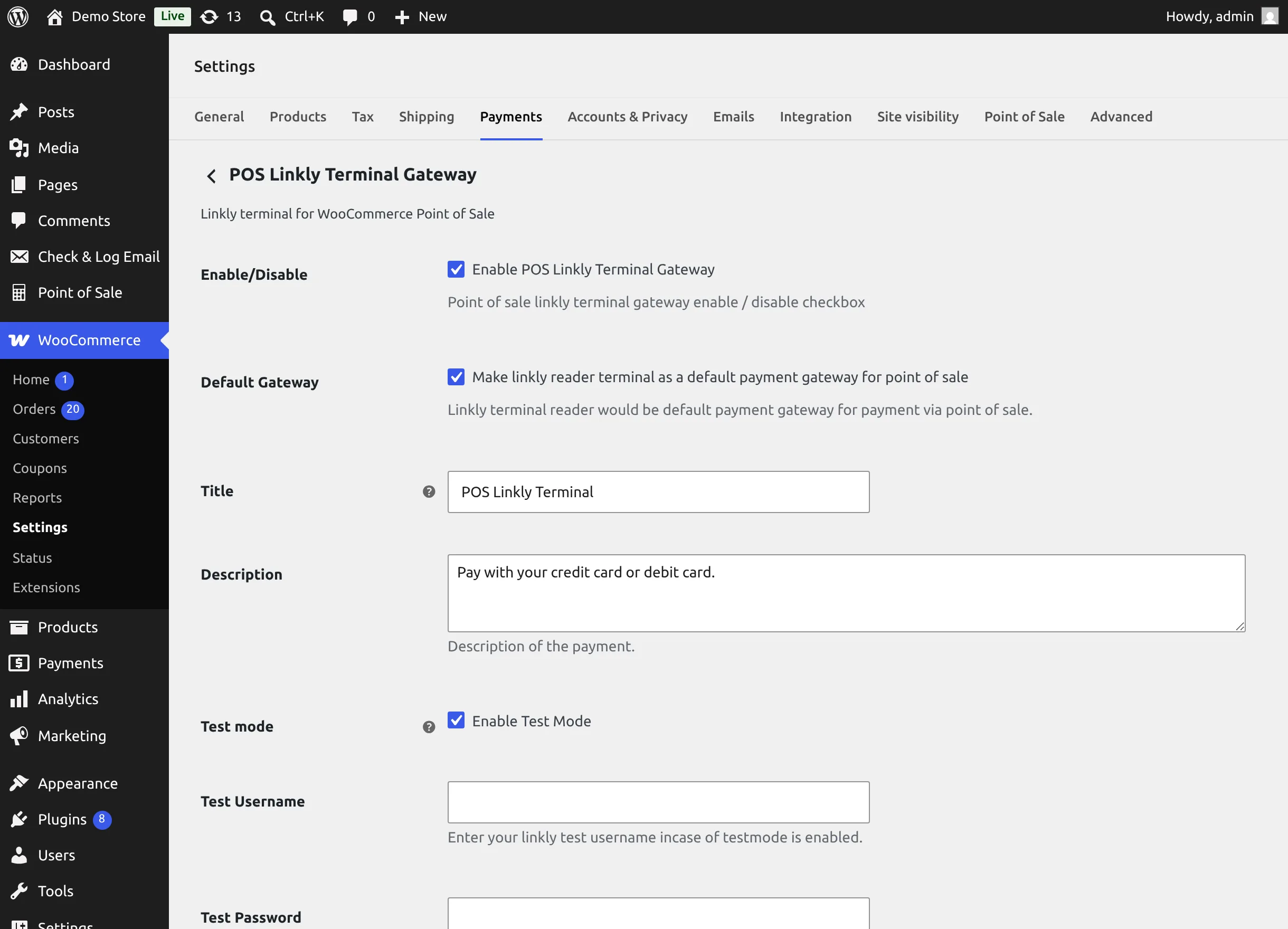 POS Linkly Terminal Gateway settings