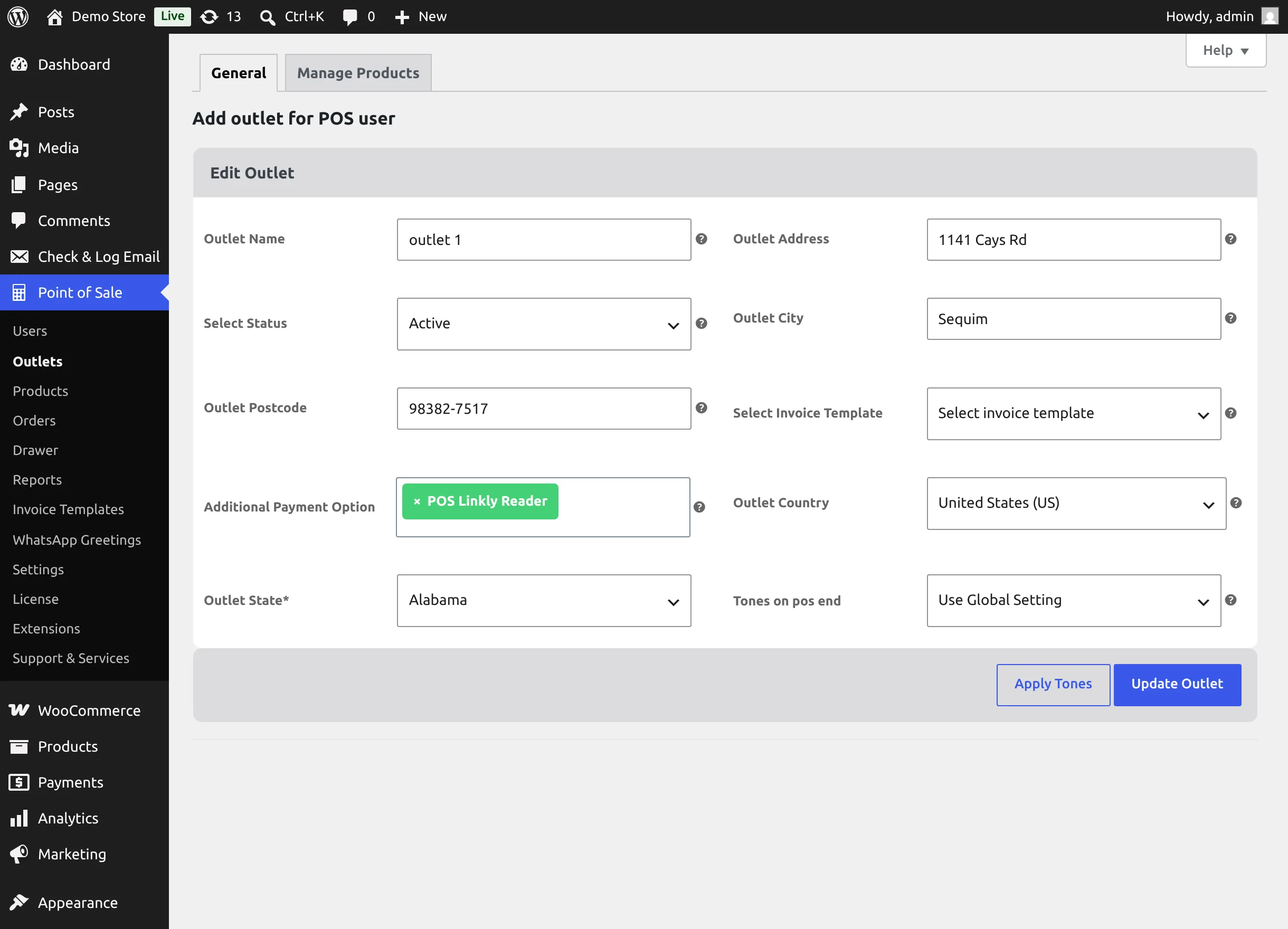 Additional Payment Option on the Edit Outlet screen