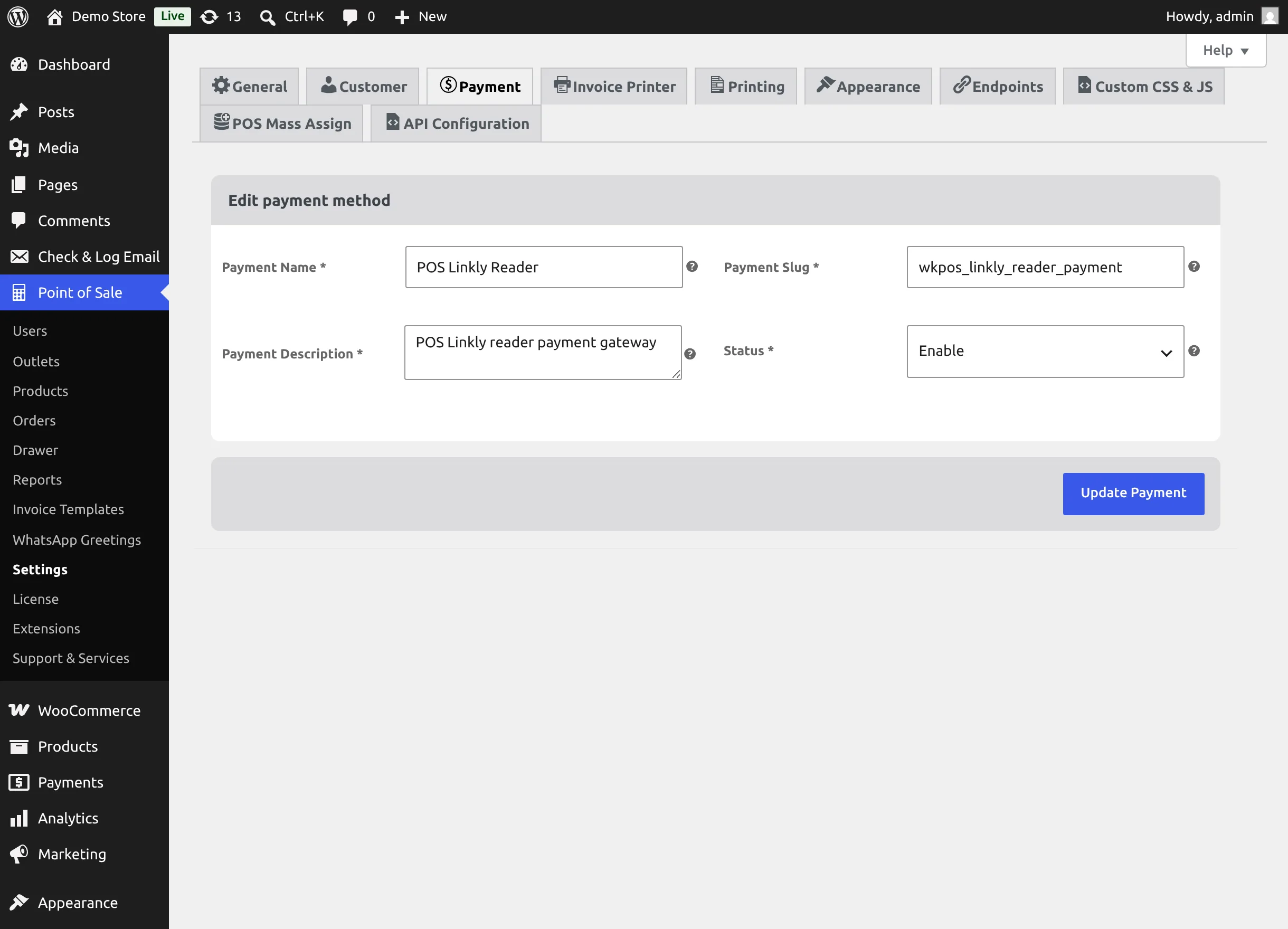 Edit payment method screen for POS Linkly Reader