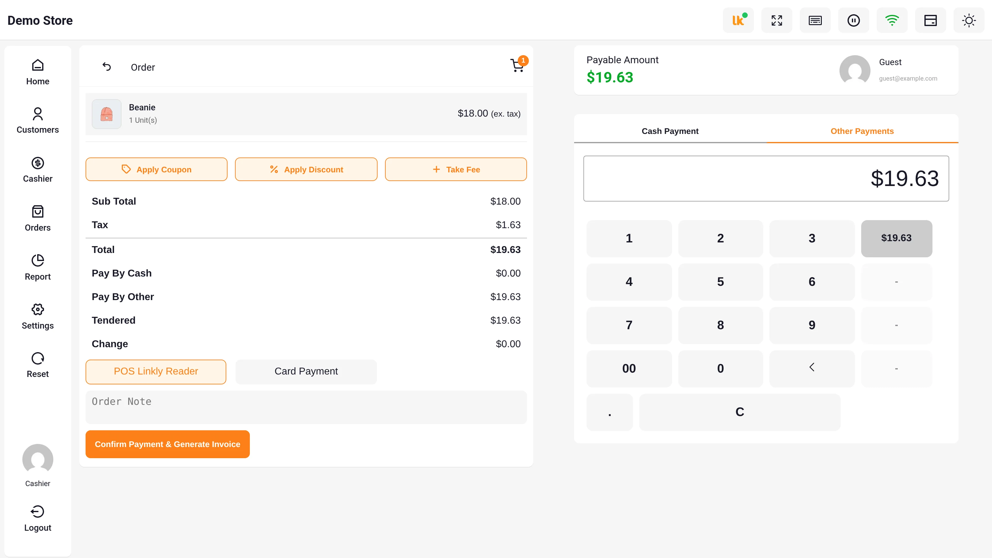 POS pay screen with POS Linkly Reader selected