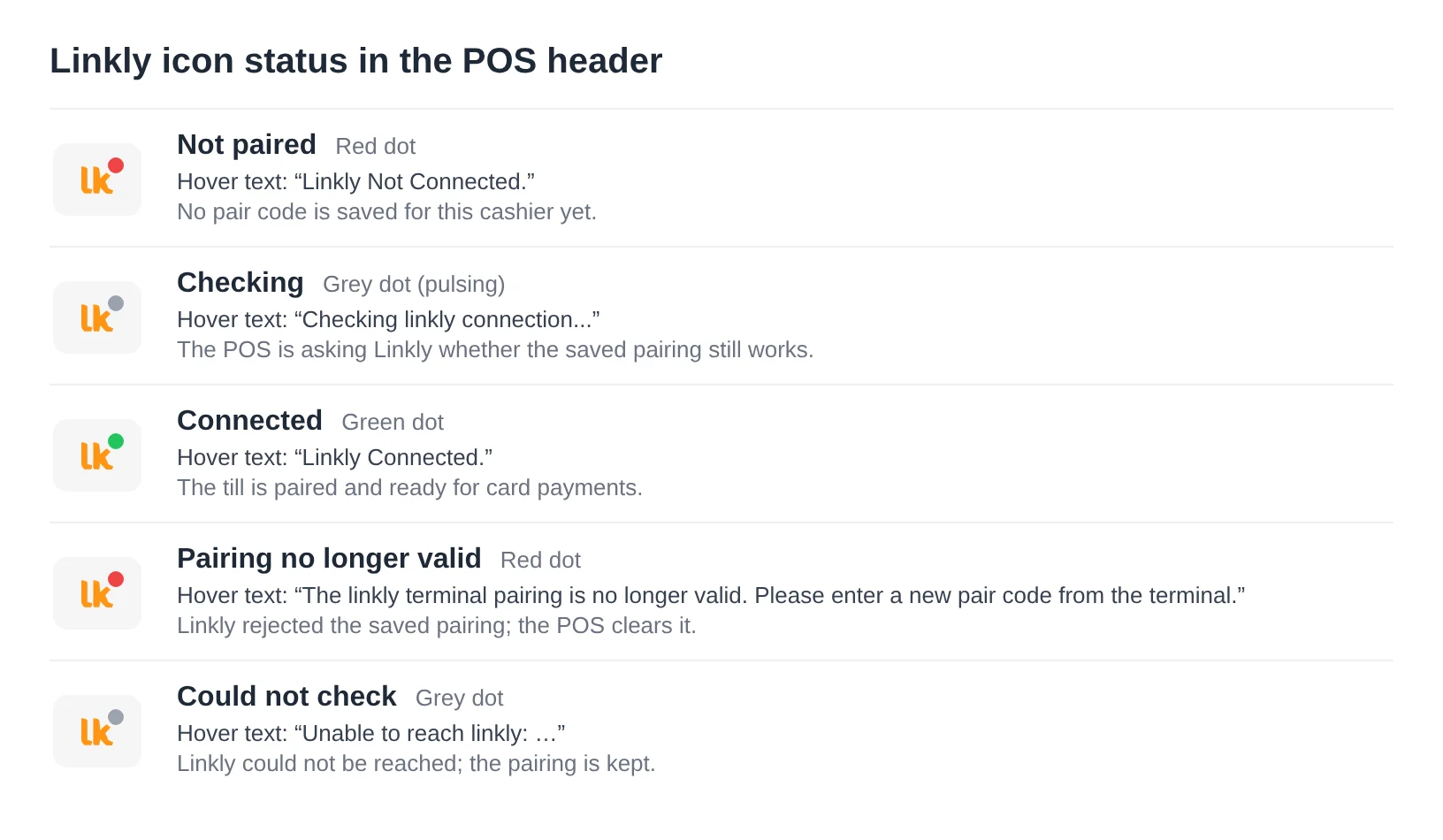 Linkly icon status: not paired, checking, connected, pairing no longer valid, could not check