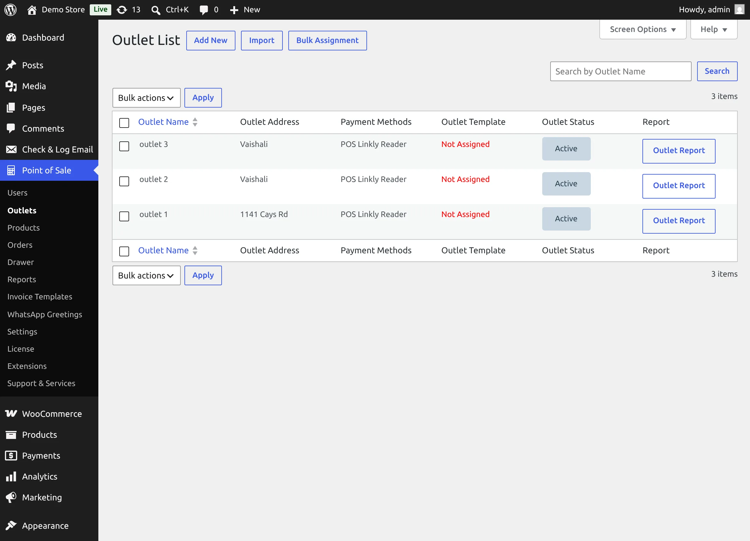 Outlet list with the Payment Methods column