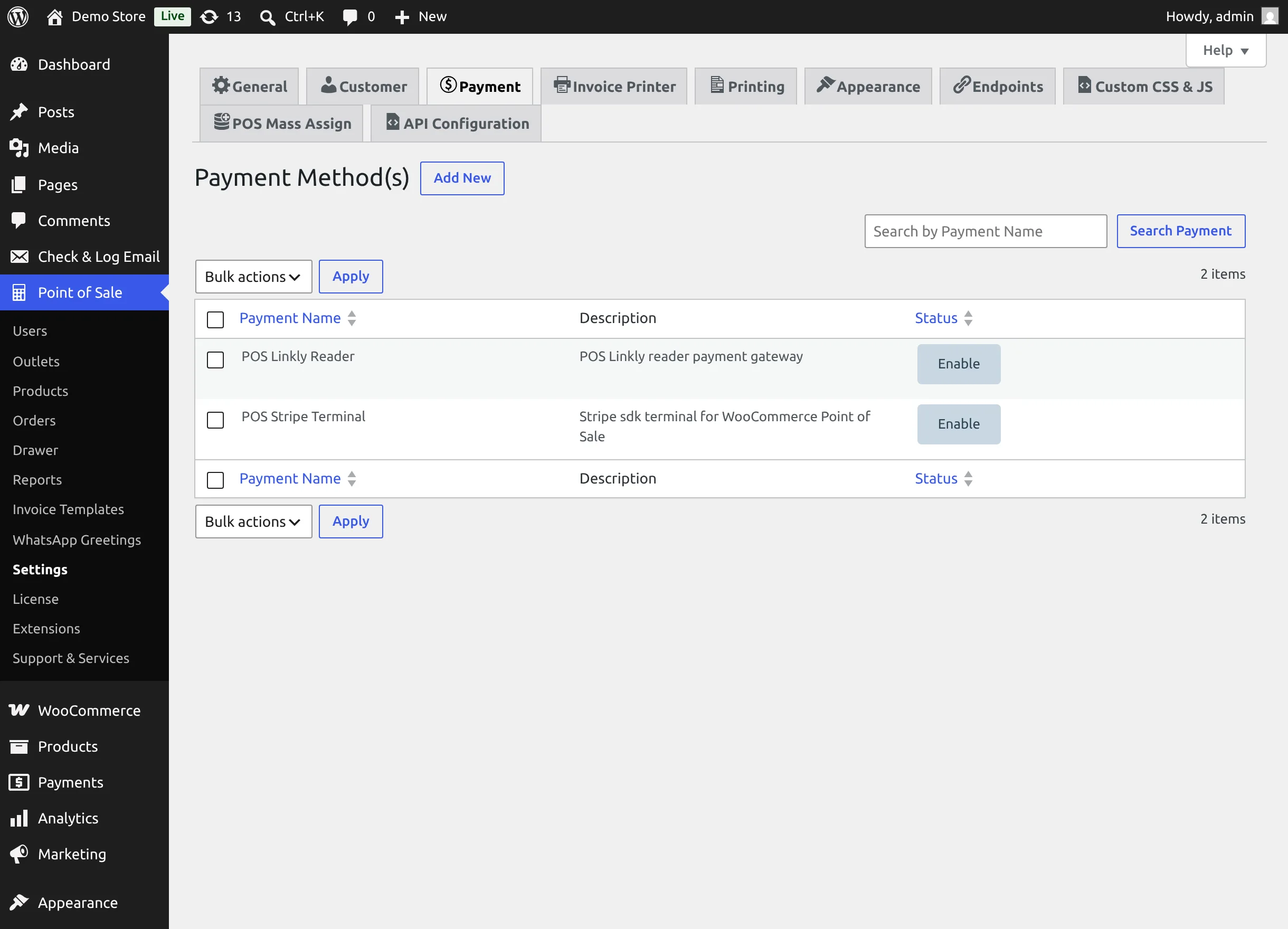 POS Linkly Reader in the POS payment methods list