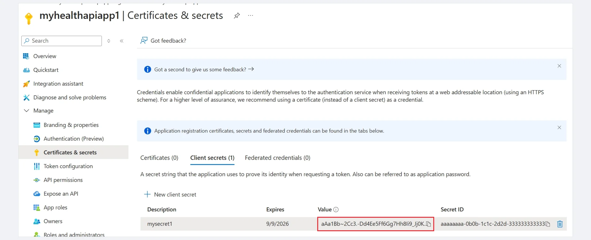 Client secret Value