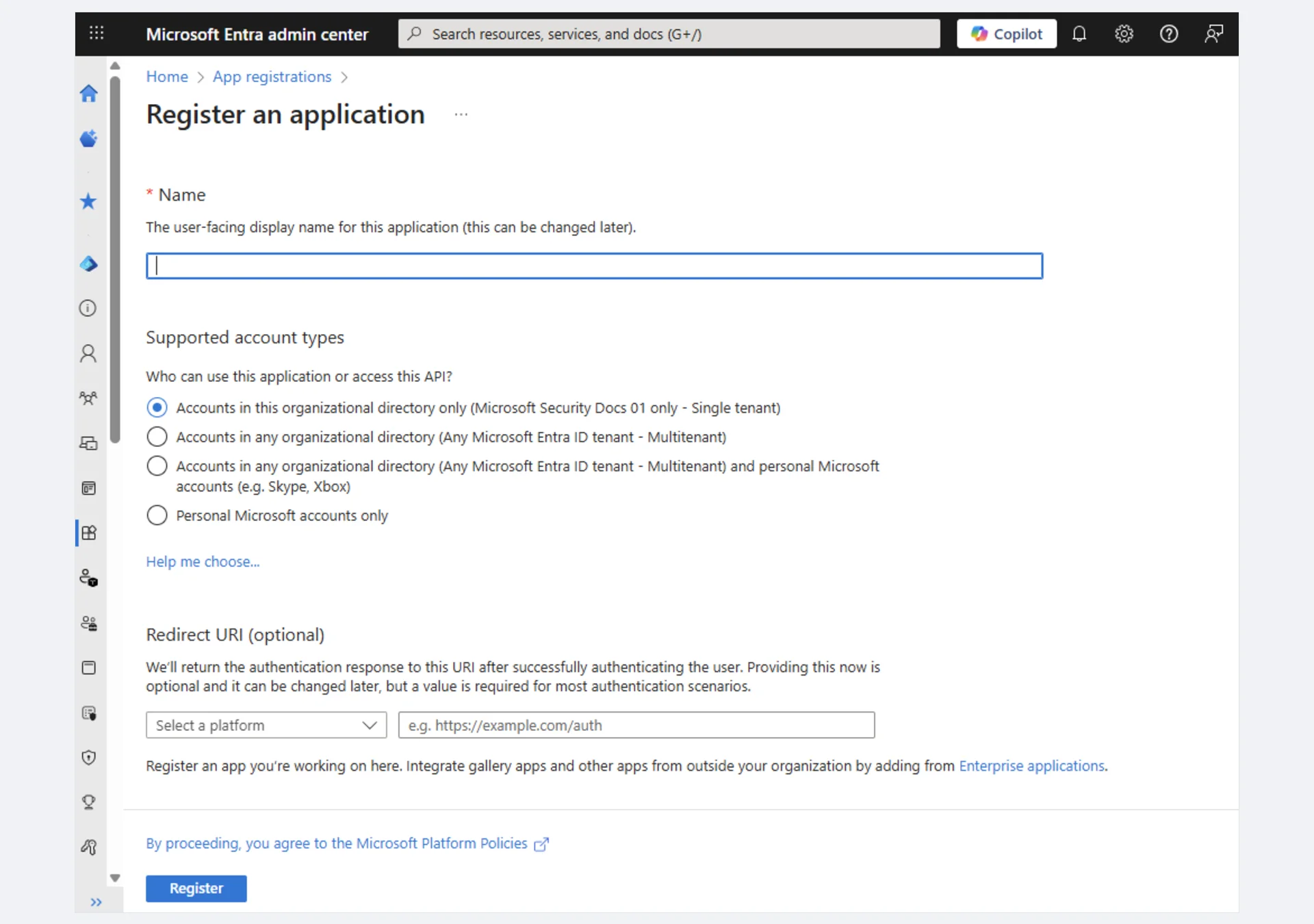 New app registration form
