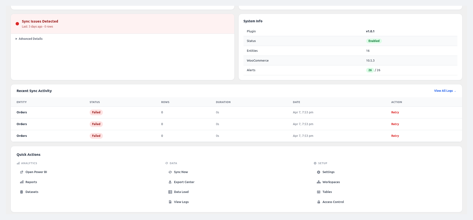 Dashboard — sync activity, system info, quick actions