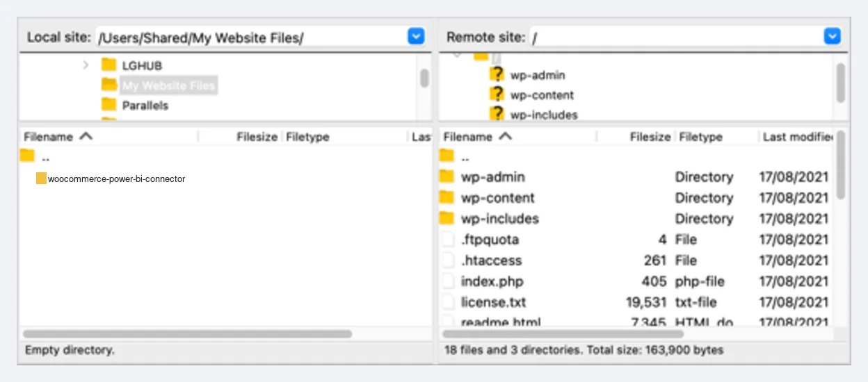 FileZilla connected to server