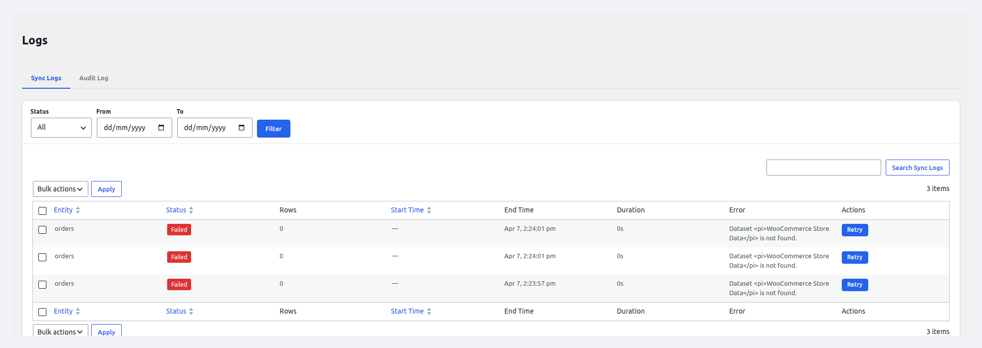 Sync Logs tab