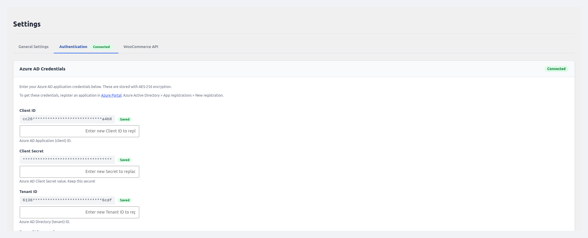 Settings — Authentication tab