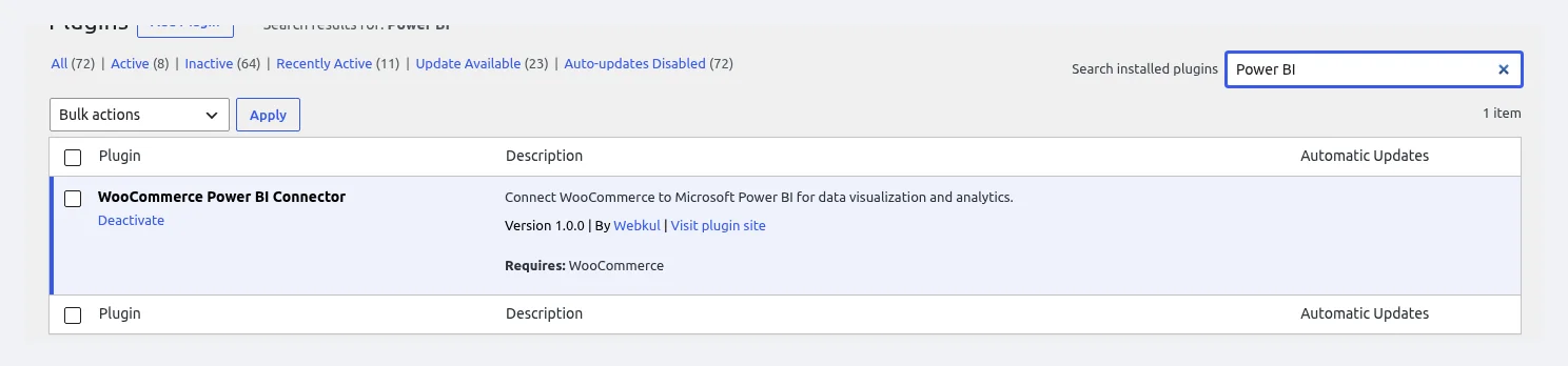 WooCommerce Power BI Connector in Plugins list