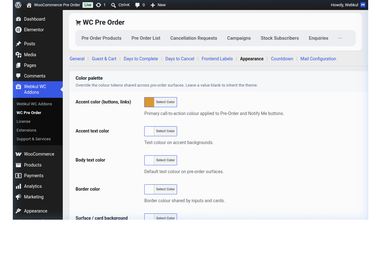 Admin Appearance Settings