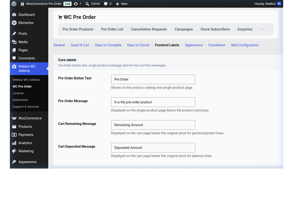 Admin Frontend Labels Settings