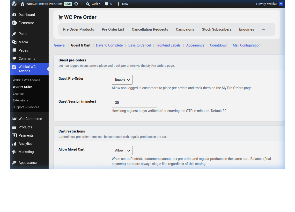 Admin Guest & Cart Settings