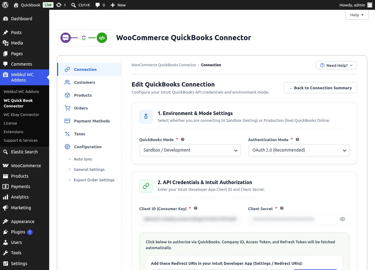 Edit QuickBooks Connection form with environment and credential fields