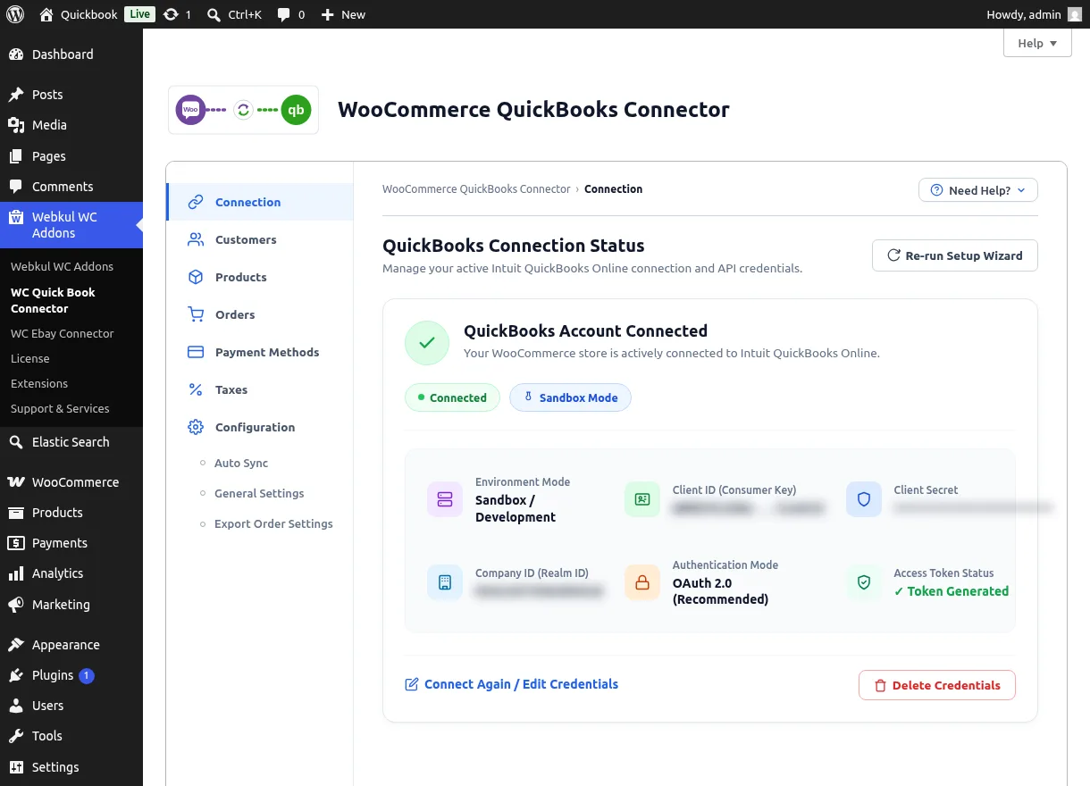 QuickBooks connection status dashboard showing a connected sandbox account