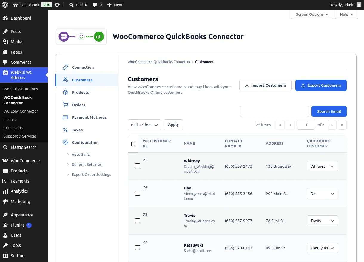 Customers list with mapped QuickBooks customers
