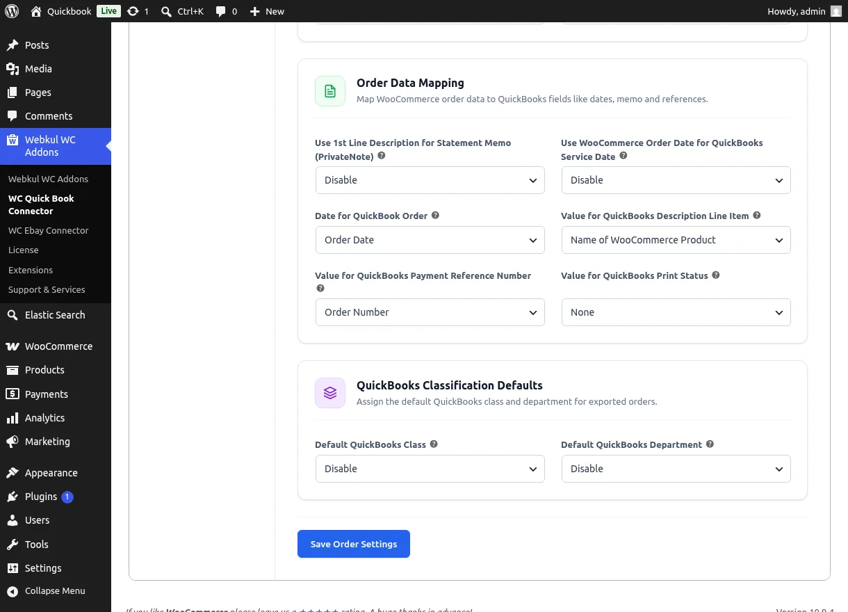 Order Data Mapping card with date, memo, and reference settings