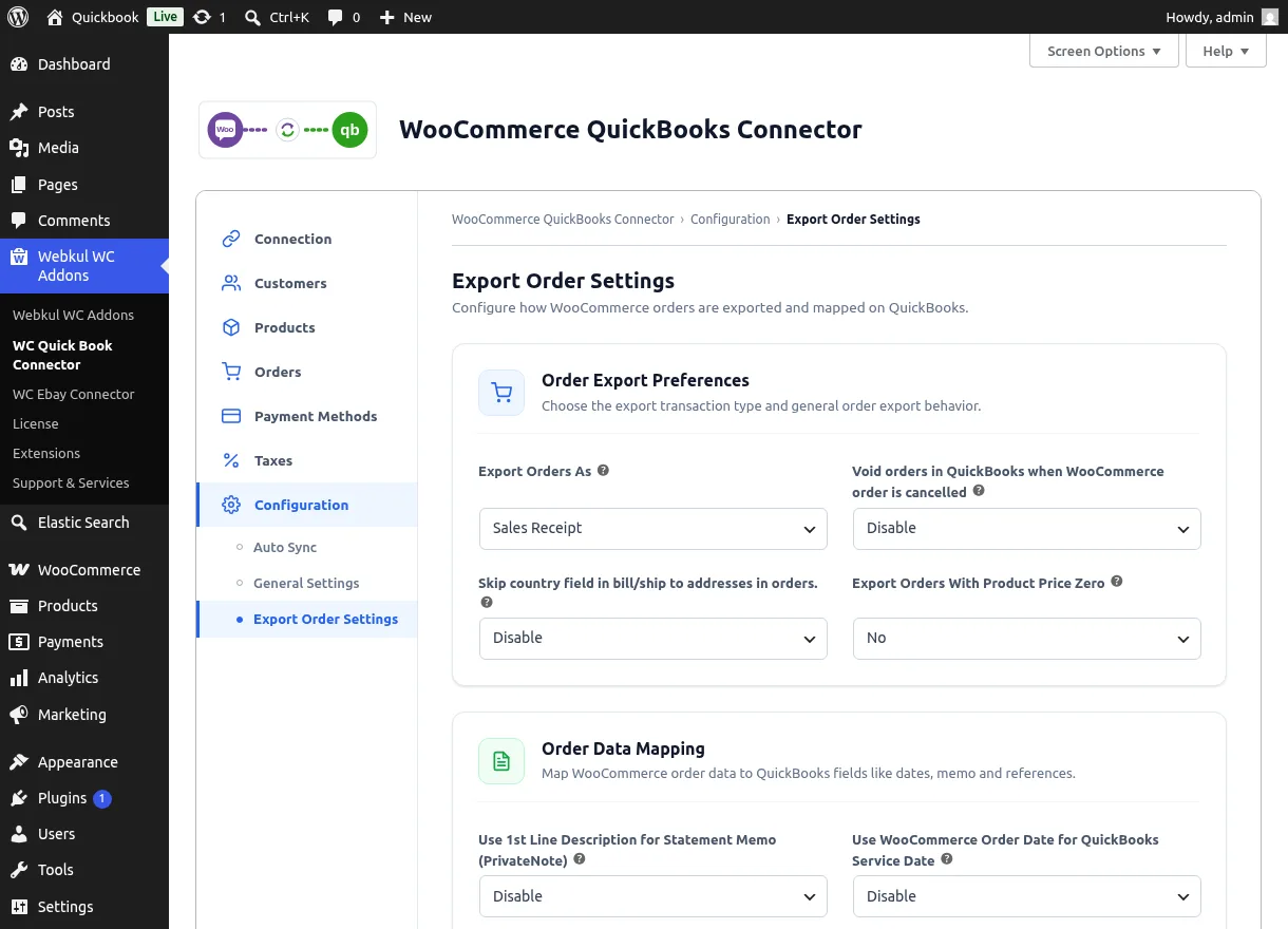 Export Order Settings with order export preference cards