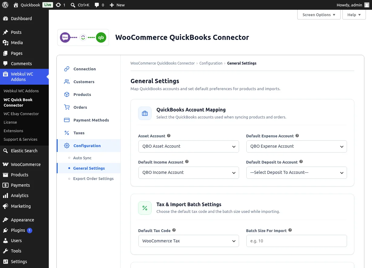 General Settings with QuickBooks account mapping cards