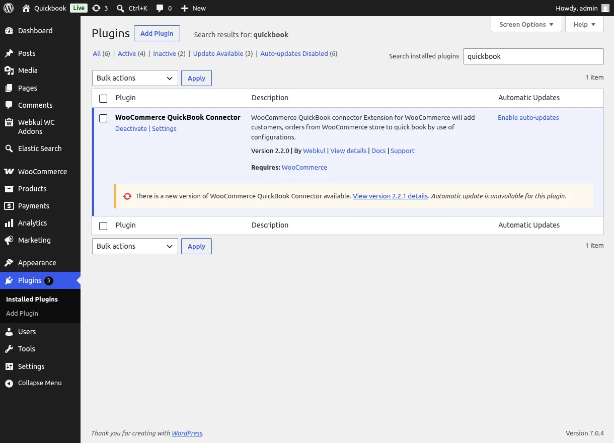 Active QuickBooks Connector plugin on the Plugins screen