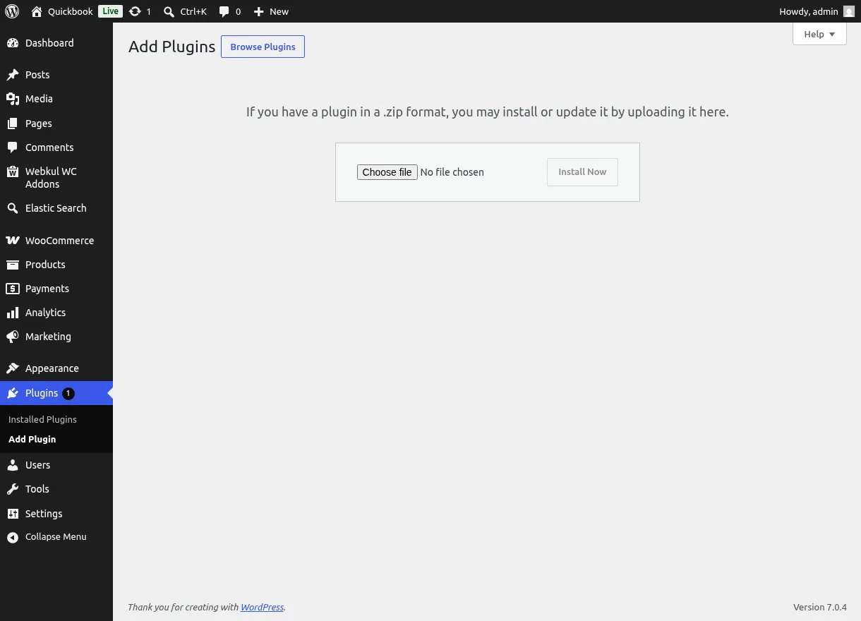 WordPress plugin upload screen