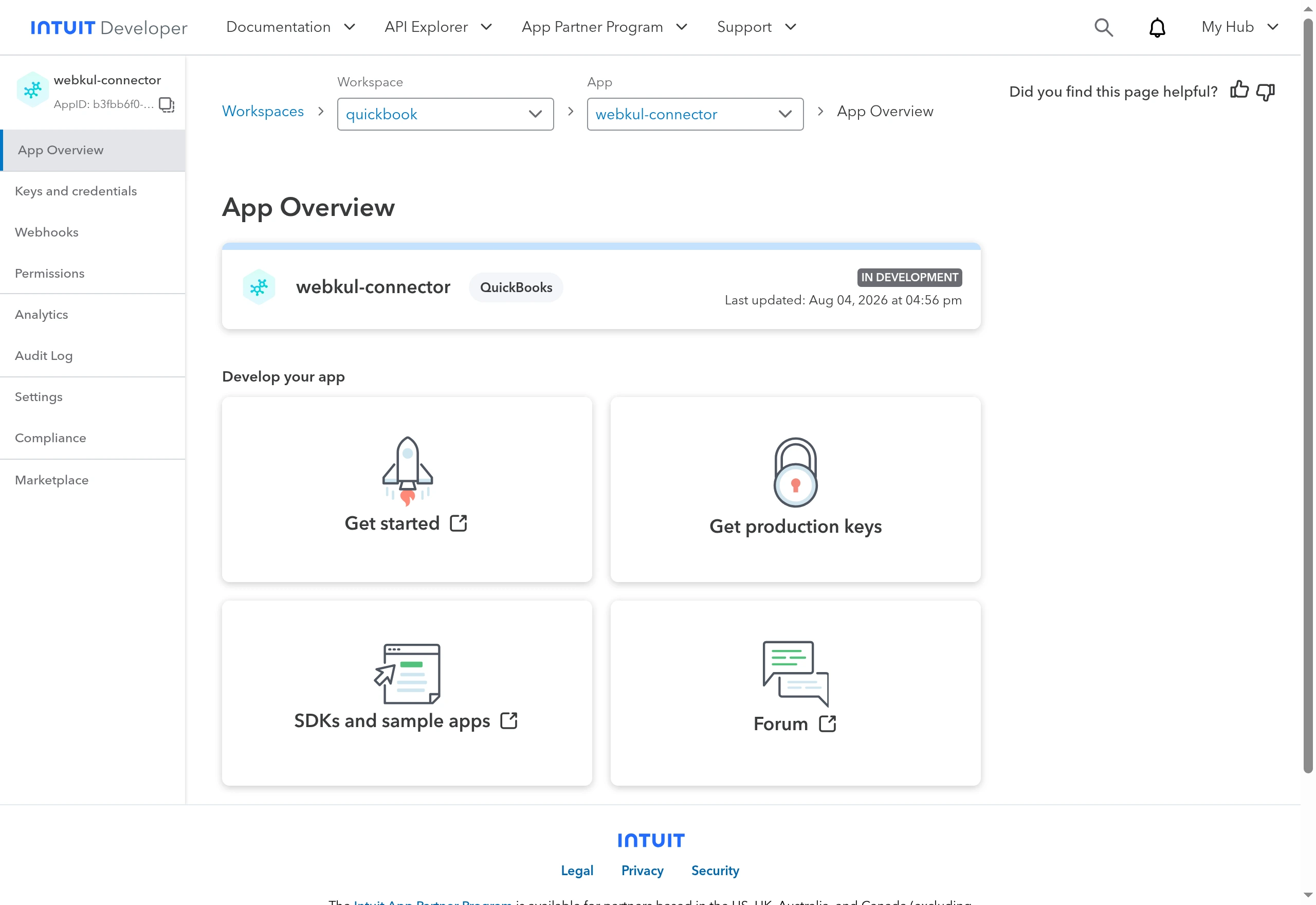 The App Overview page with the Keys and credentials sidebar entry and the Get production keys card