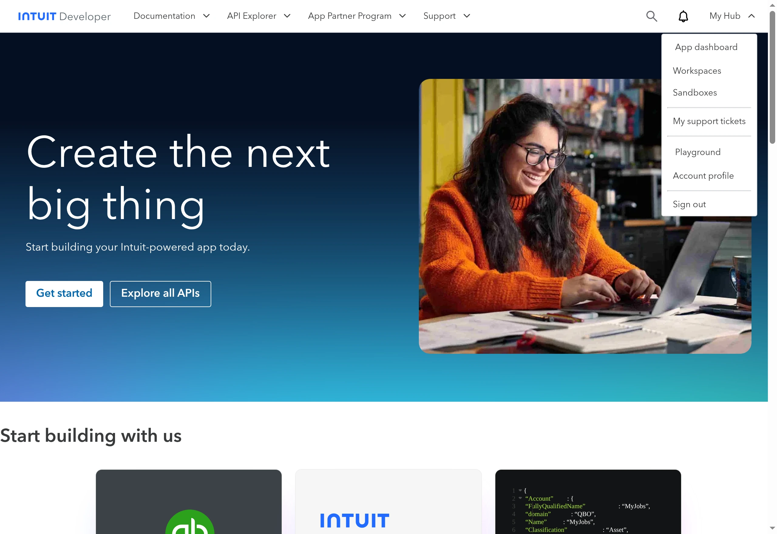 The My Hub menu on developer.intuit.com with Workspaces and Sandboxes entries