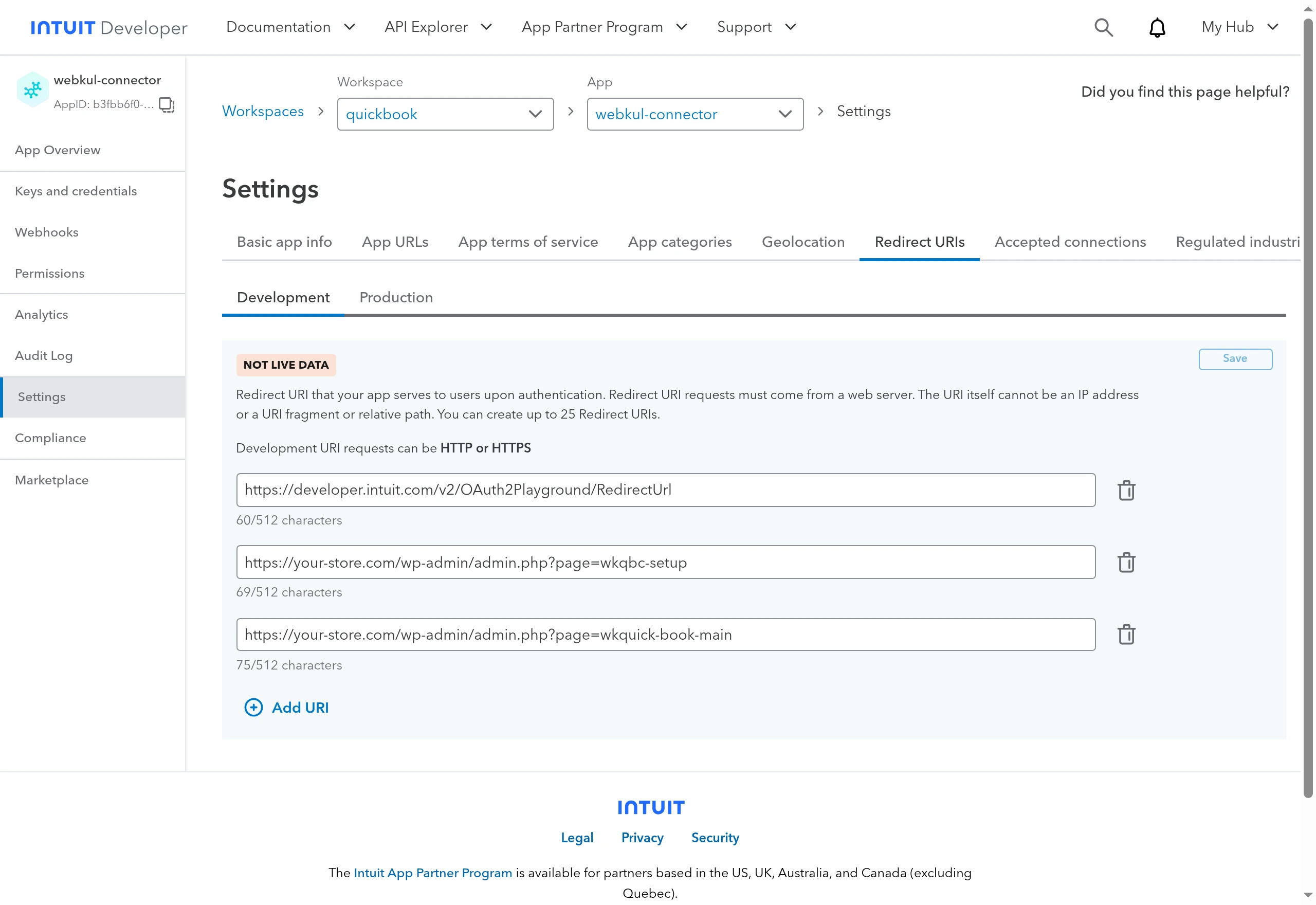 The Settings → Redirect URIs tab with both connector URIs added