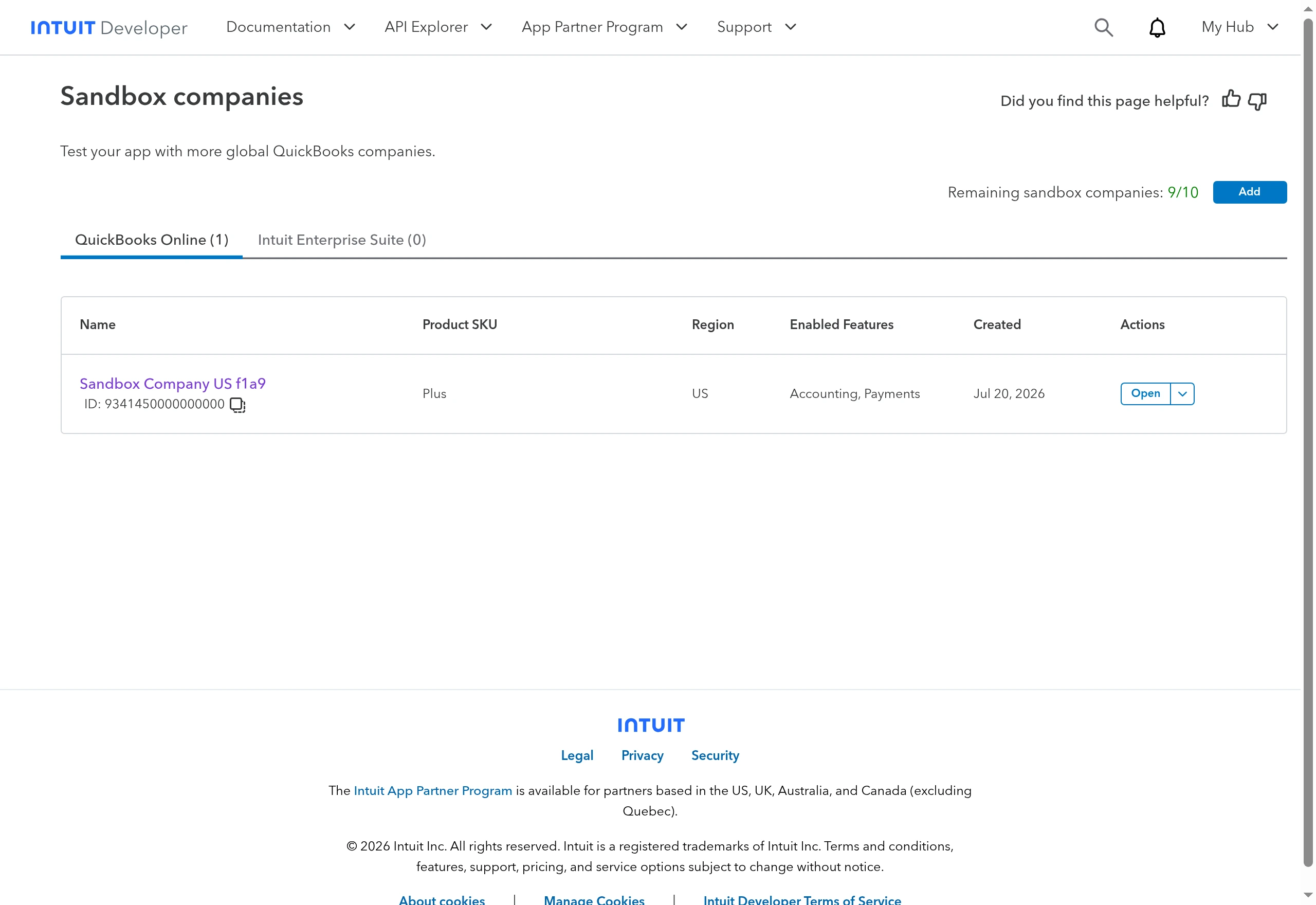 The Sandbox companies page with the auto-created US sandbox company