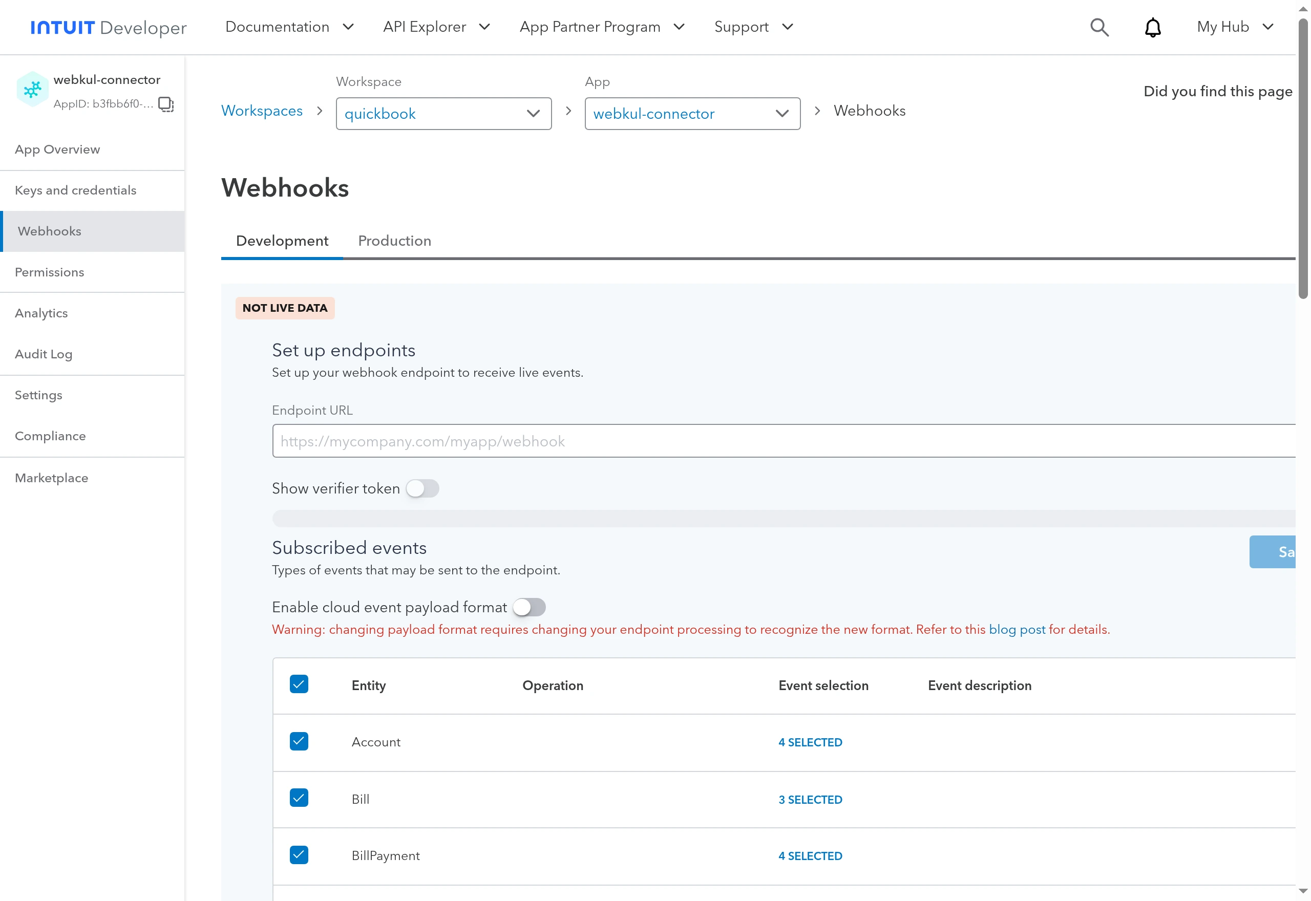 The app's Webhooks page with the endpoint URL and subscribed events form