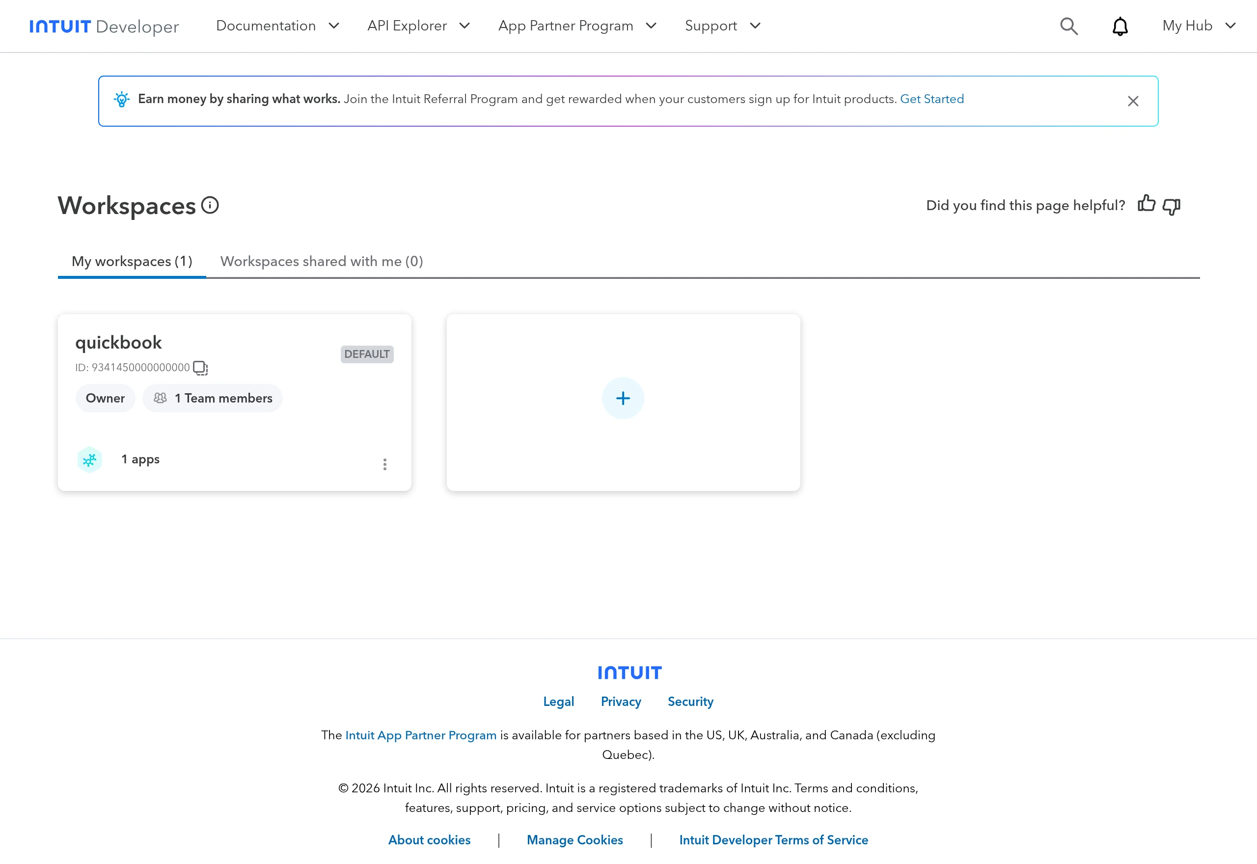 The Workspaces page listing your default workspace