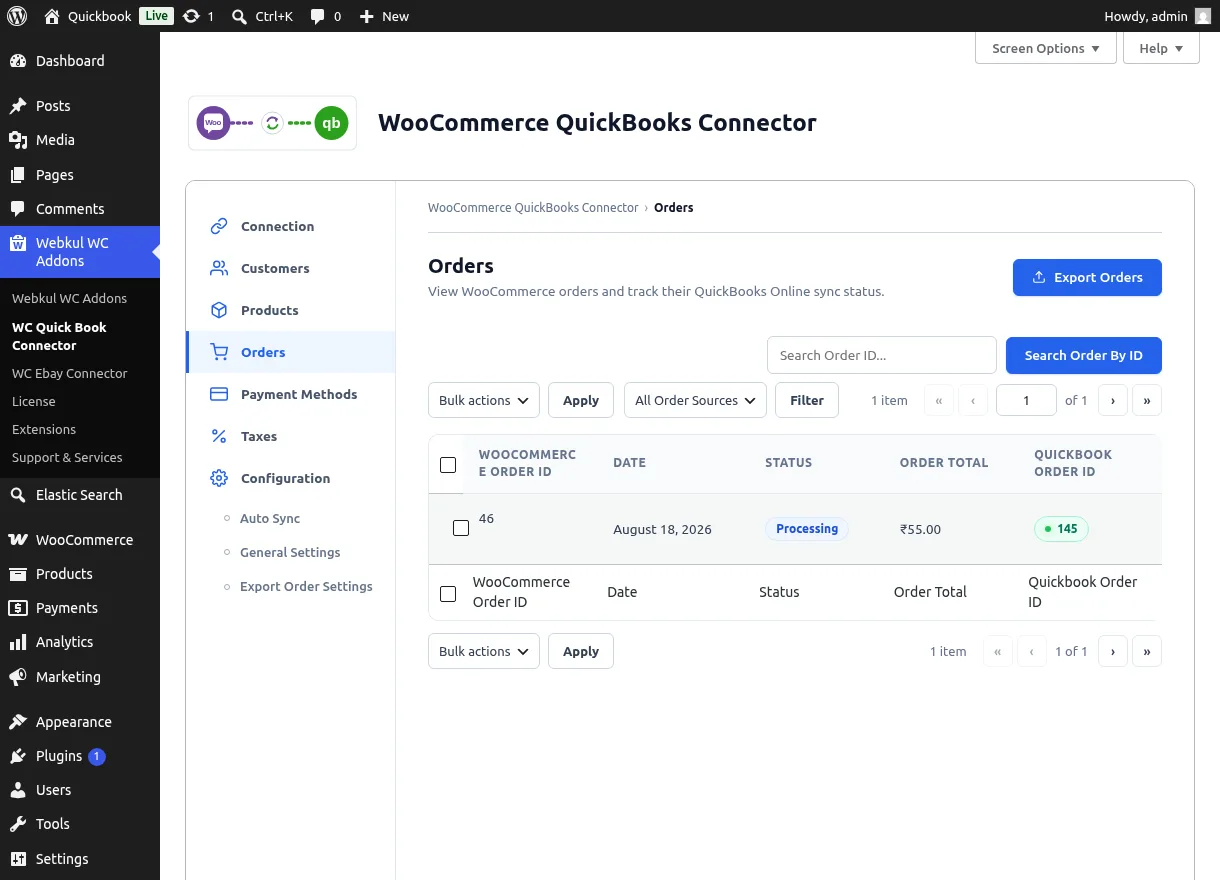 Orders list with QuickBooks sync status pills