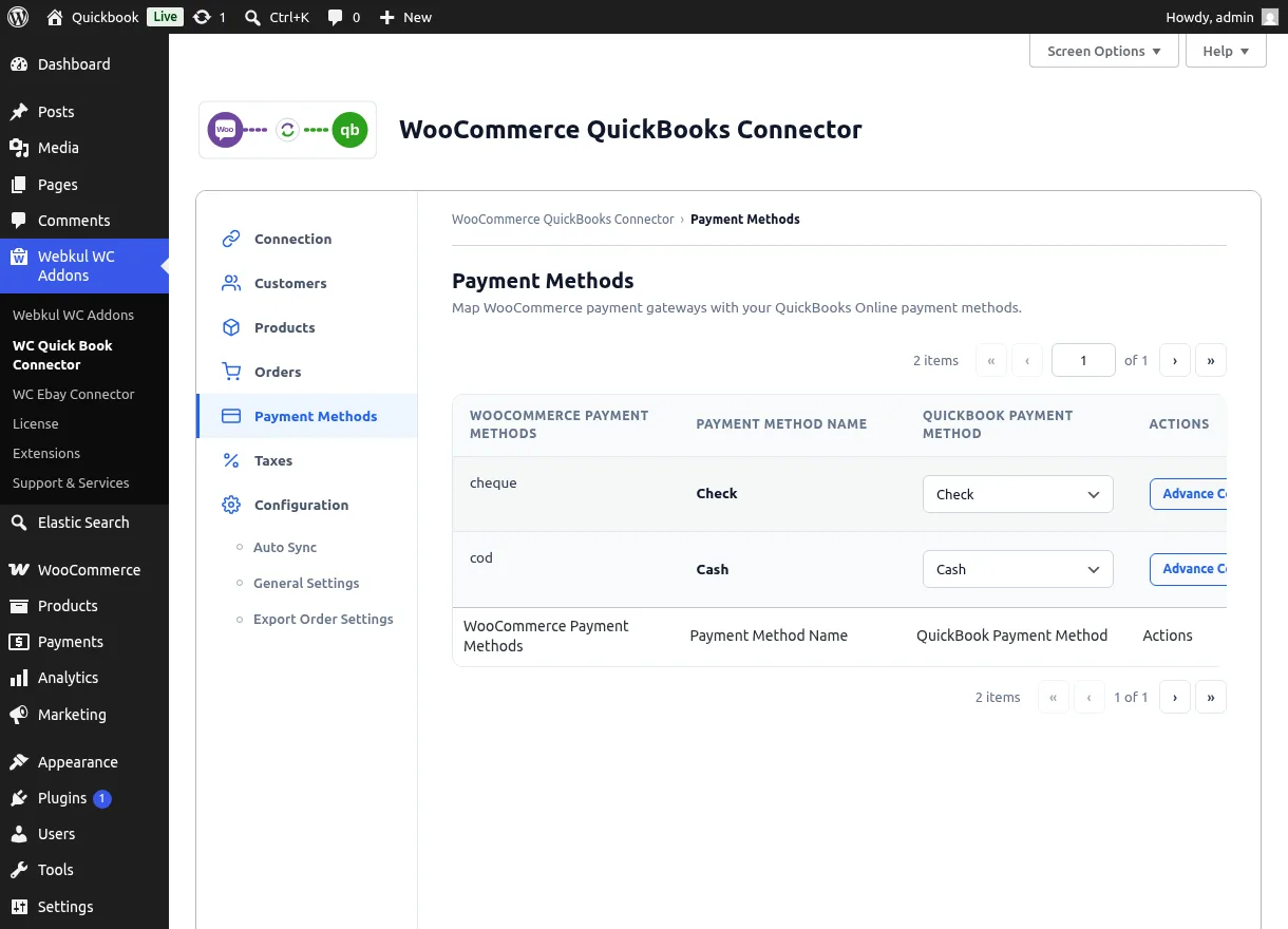 Payment Methods list mapping WooCommerce gateways to QuickBooks