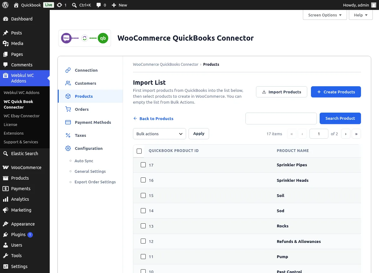 Import List staging screen with QuickBooks products
