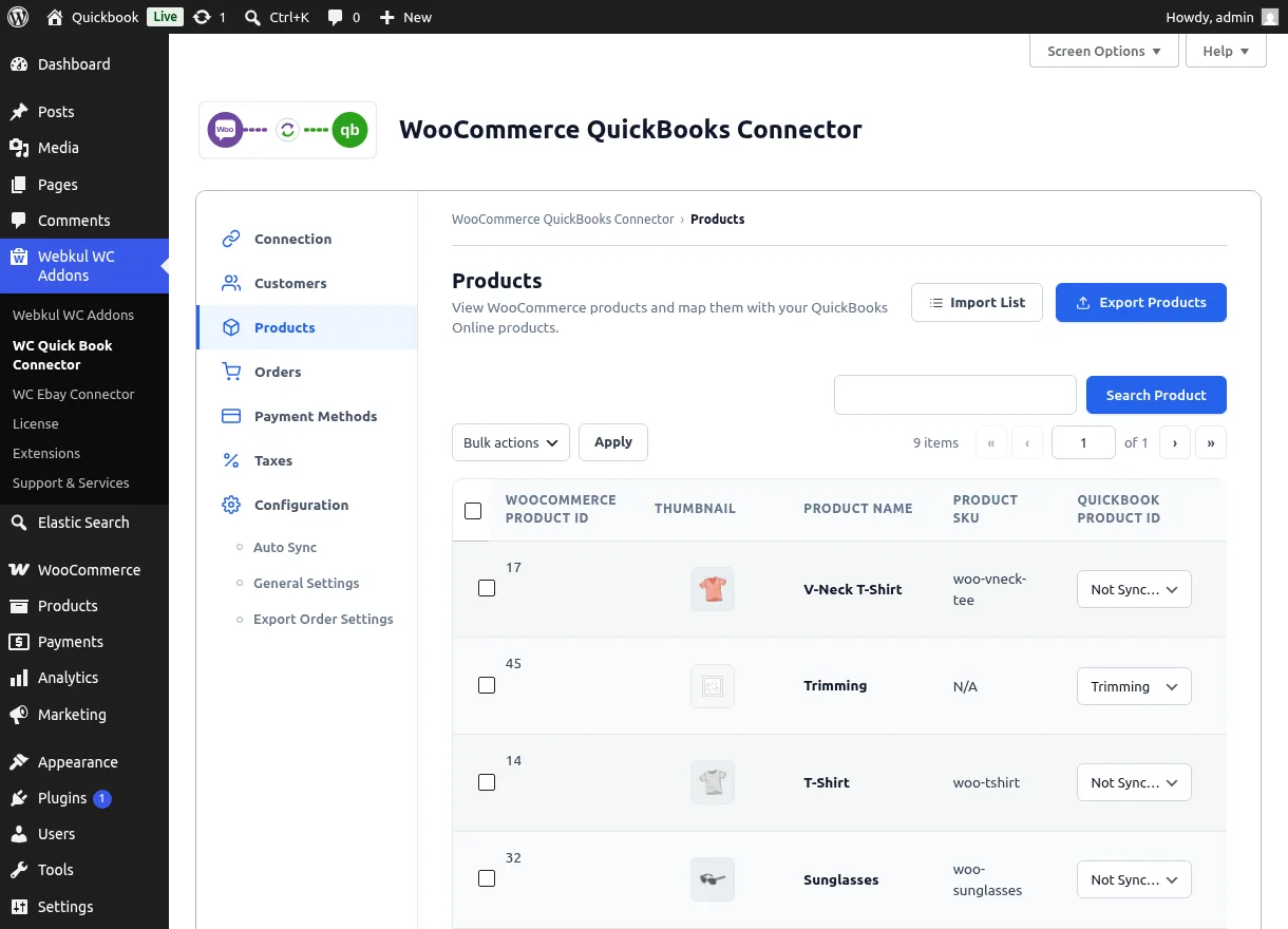 Products list with thumbnails, SKUs, and QuickBooks mapping