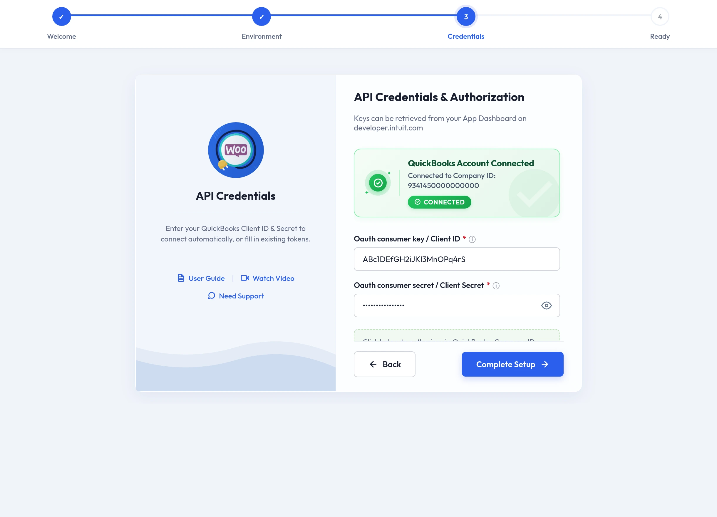 Setup Wizard Step 3 — API credentials entered, with the green "QuickBooks Account Connected" banner