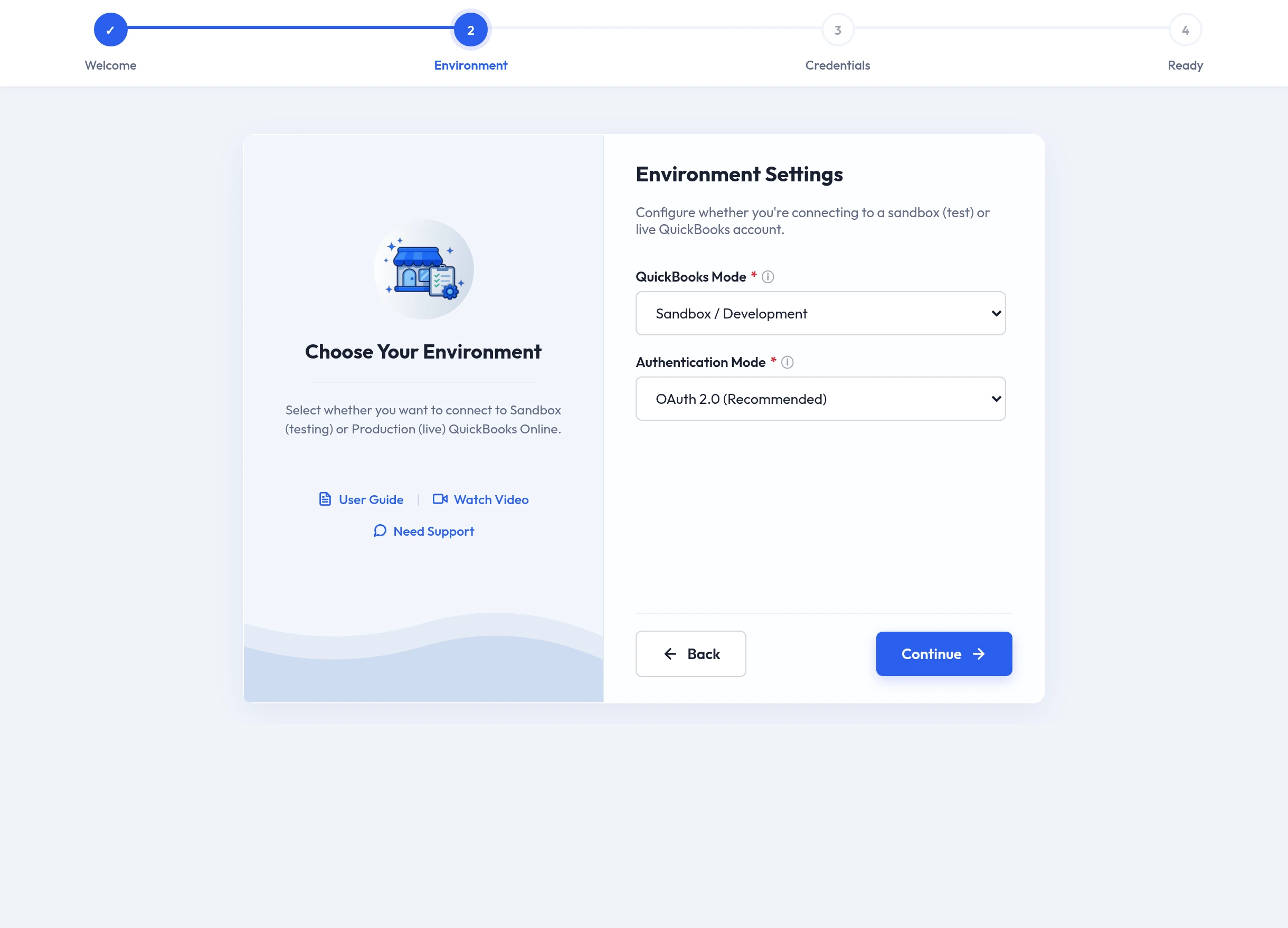 Setup Wizard Step 2 — choosing the QuickBooks mode and authentication mode