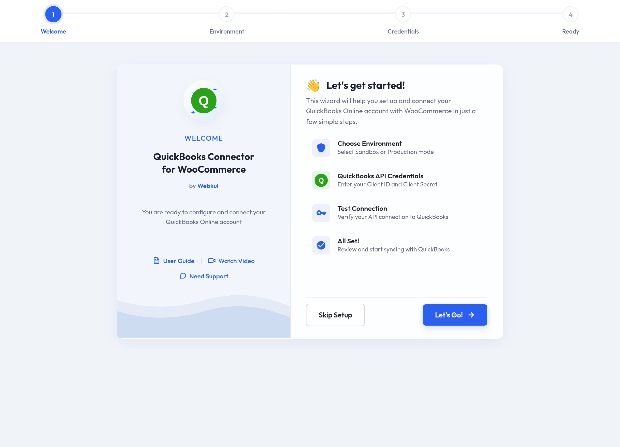 Setup Wizard Step 1 — the Welcome screen with the four-step overview