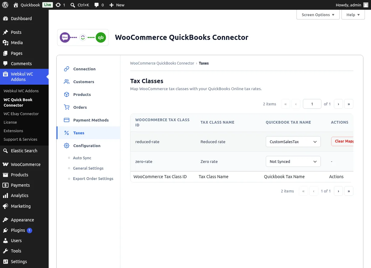 Taxes list mapping WooCommerce tax classes to QuickBooks taxes