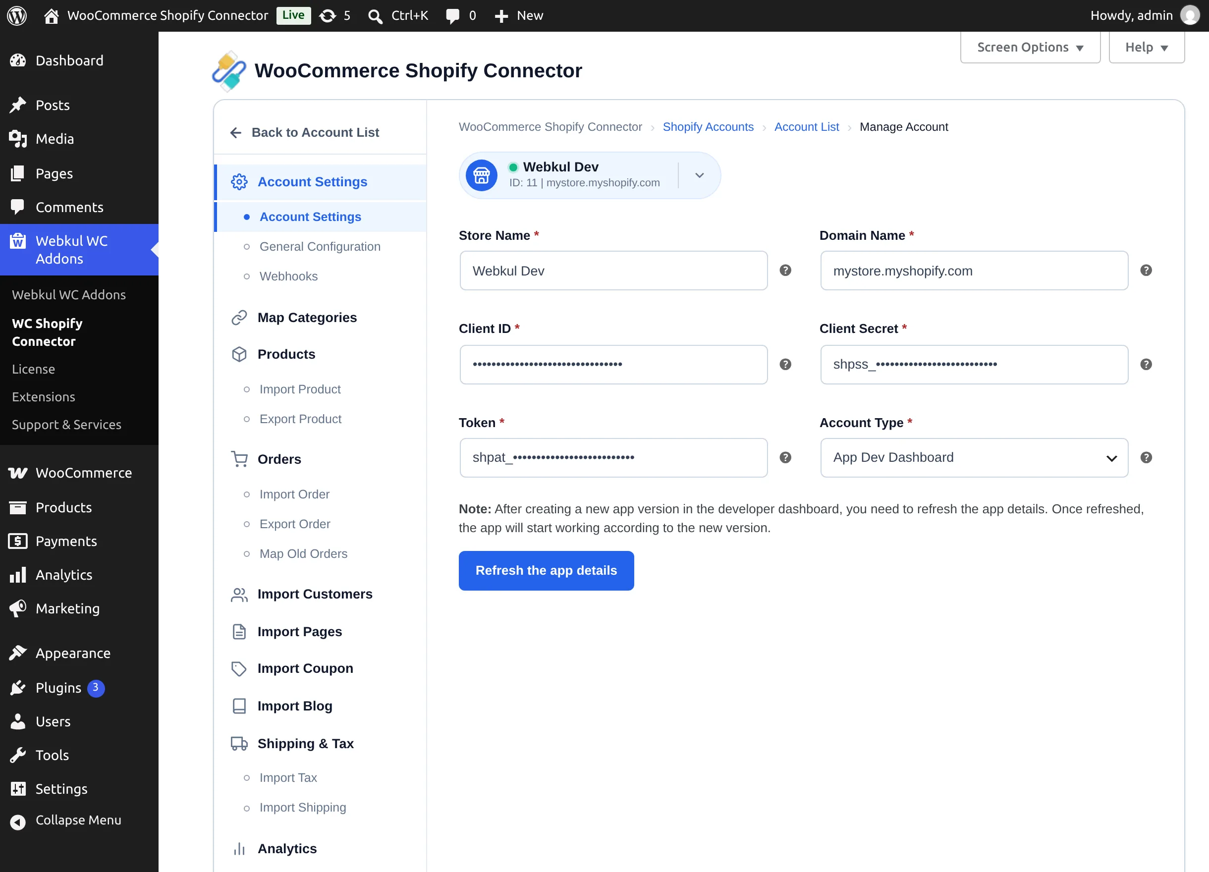 Account settings tab