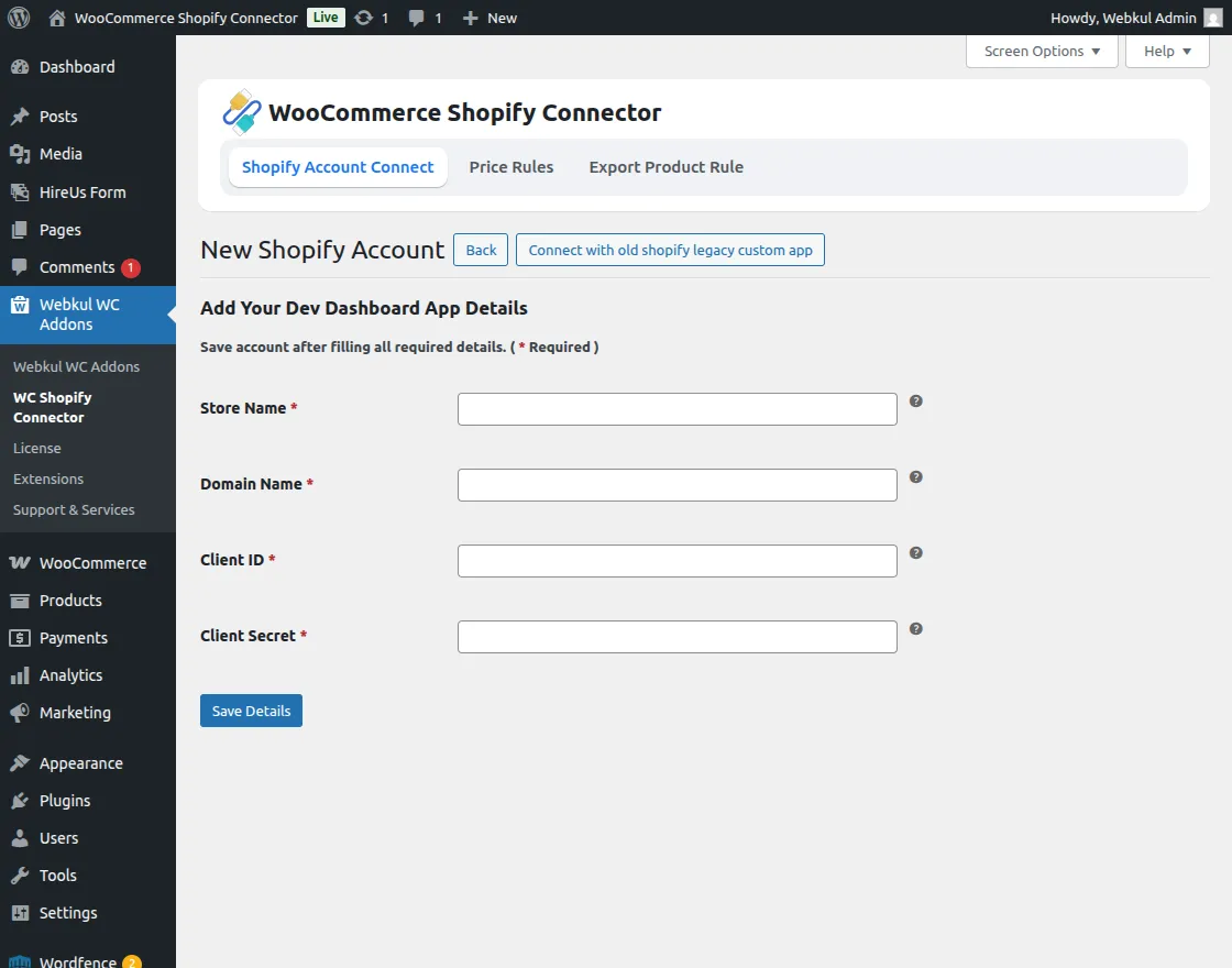 Add Shopify Account