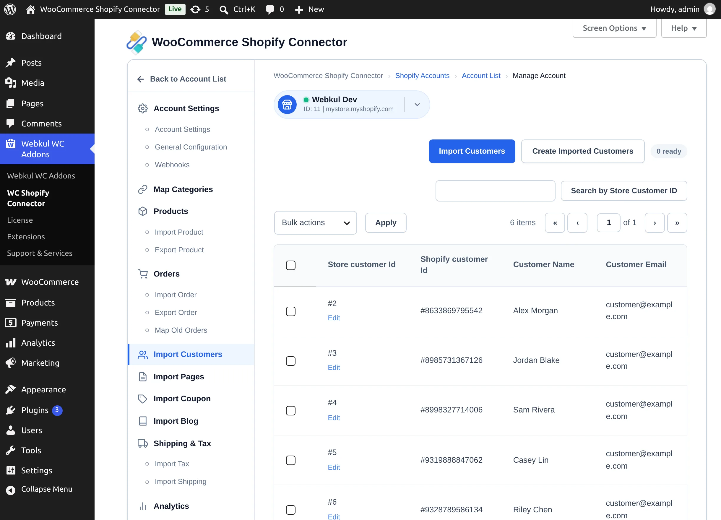 Import Customers tab