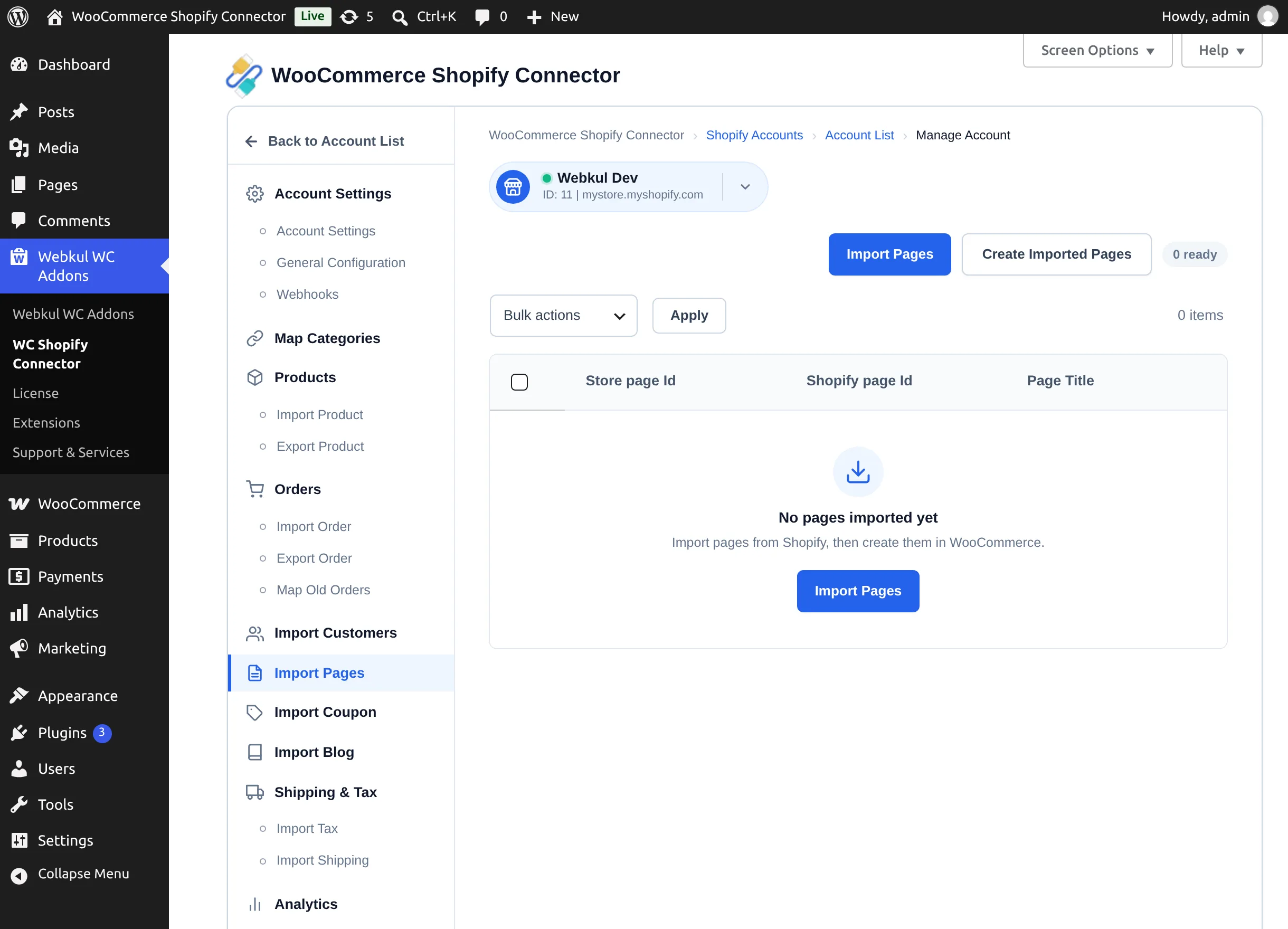 Import Pages tab