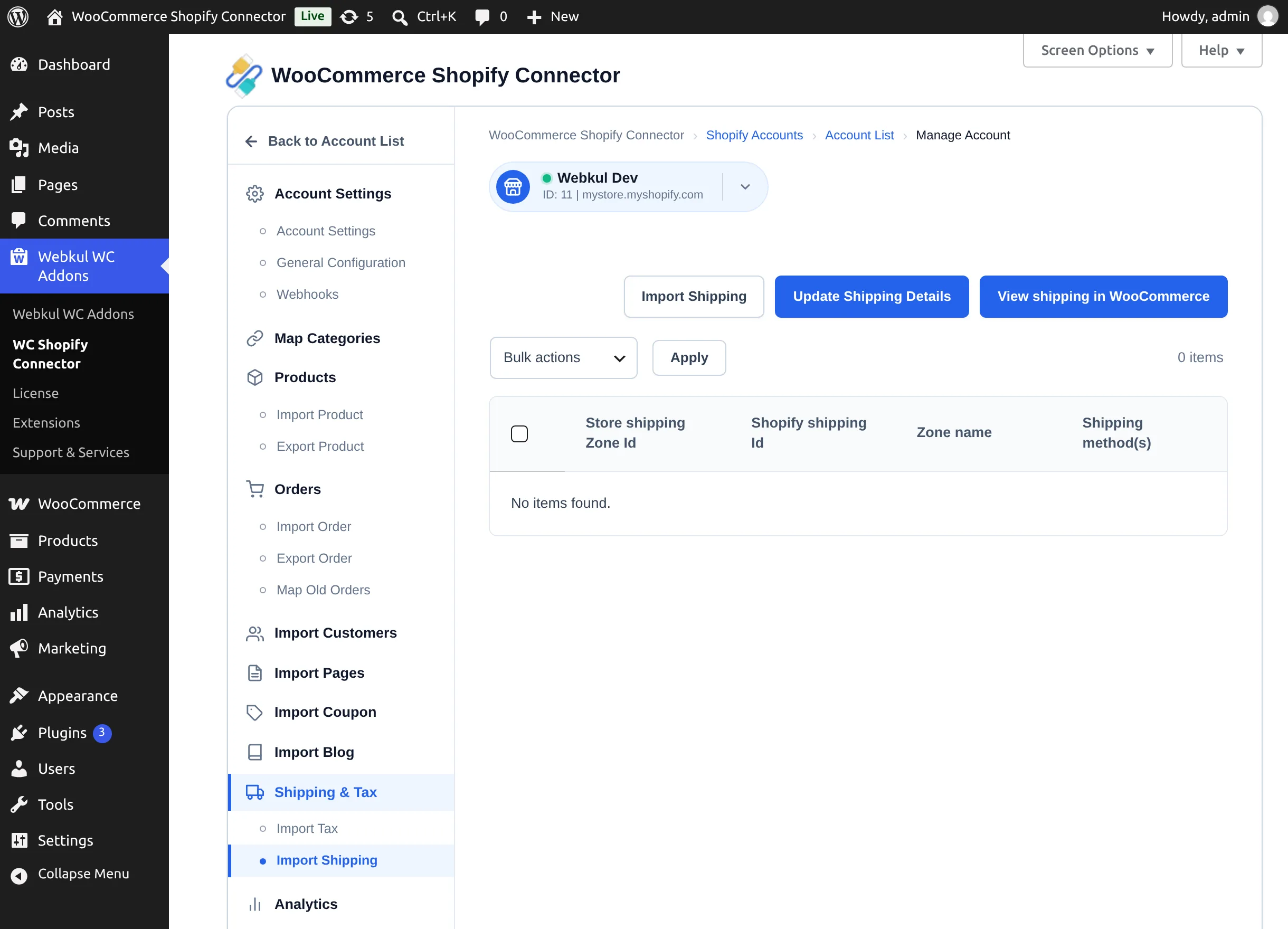 Import Shipping tab