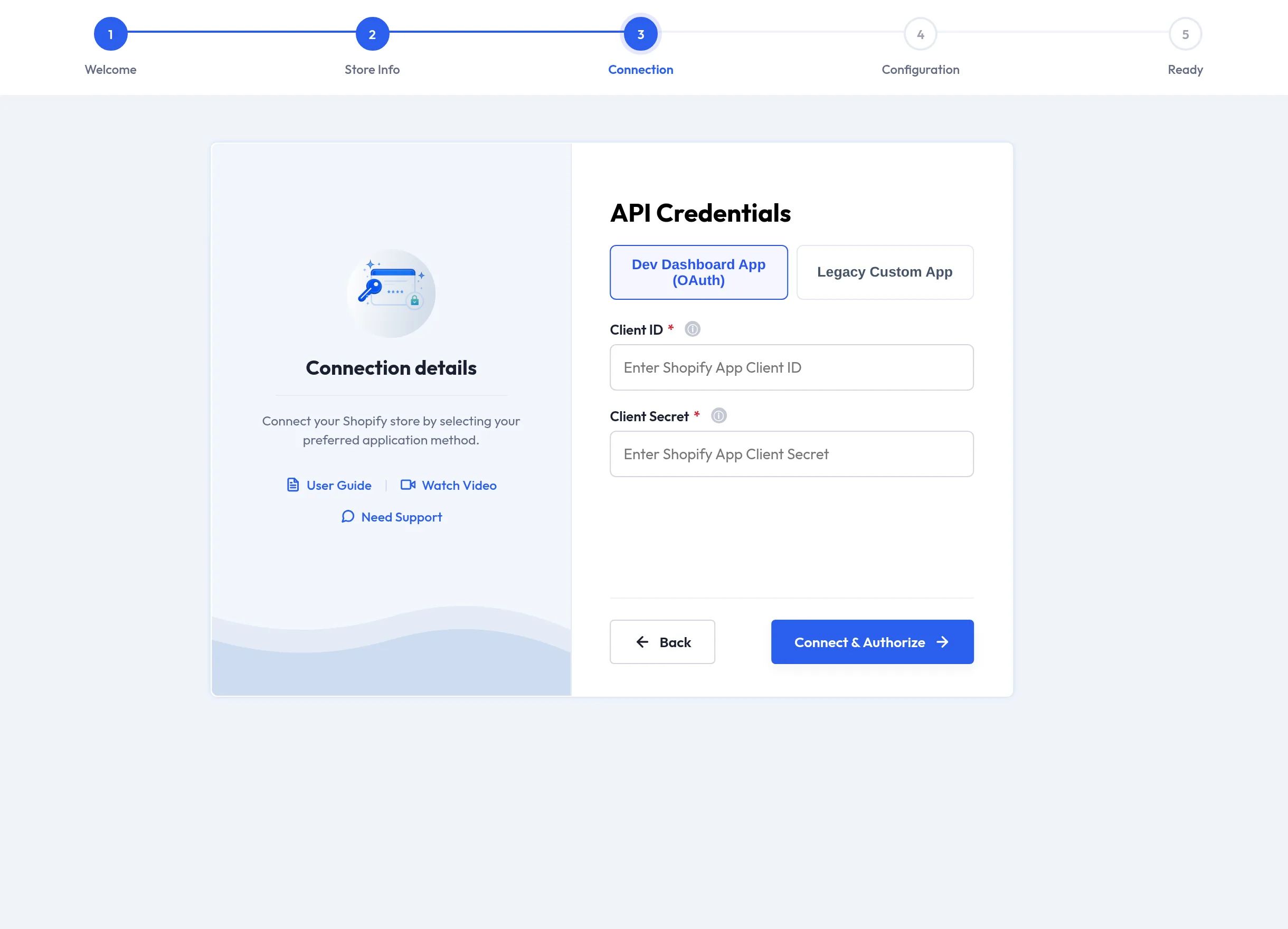 Setup wizard connection step
