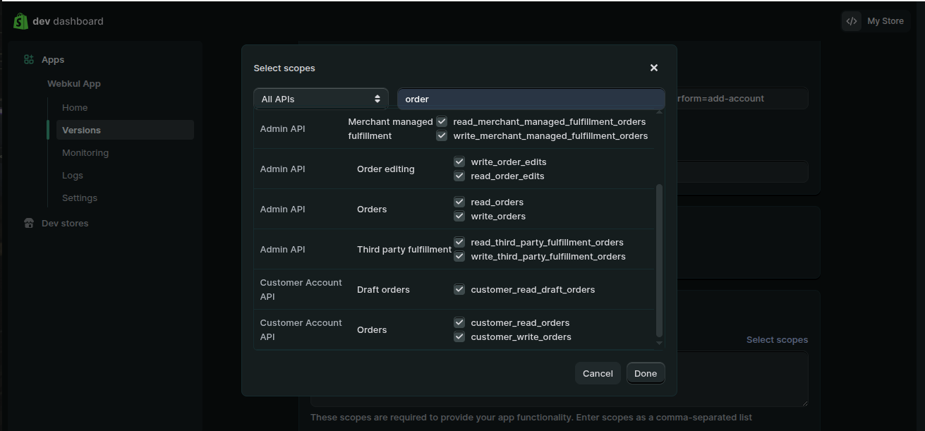 Select scopes dialog with Admin API order scopes ticked