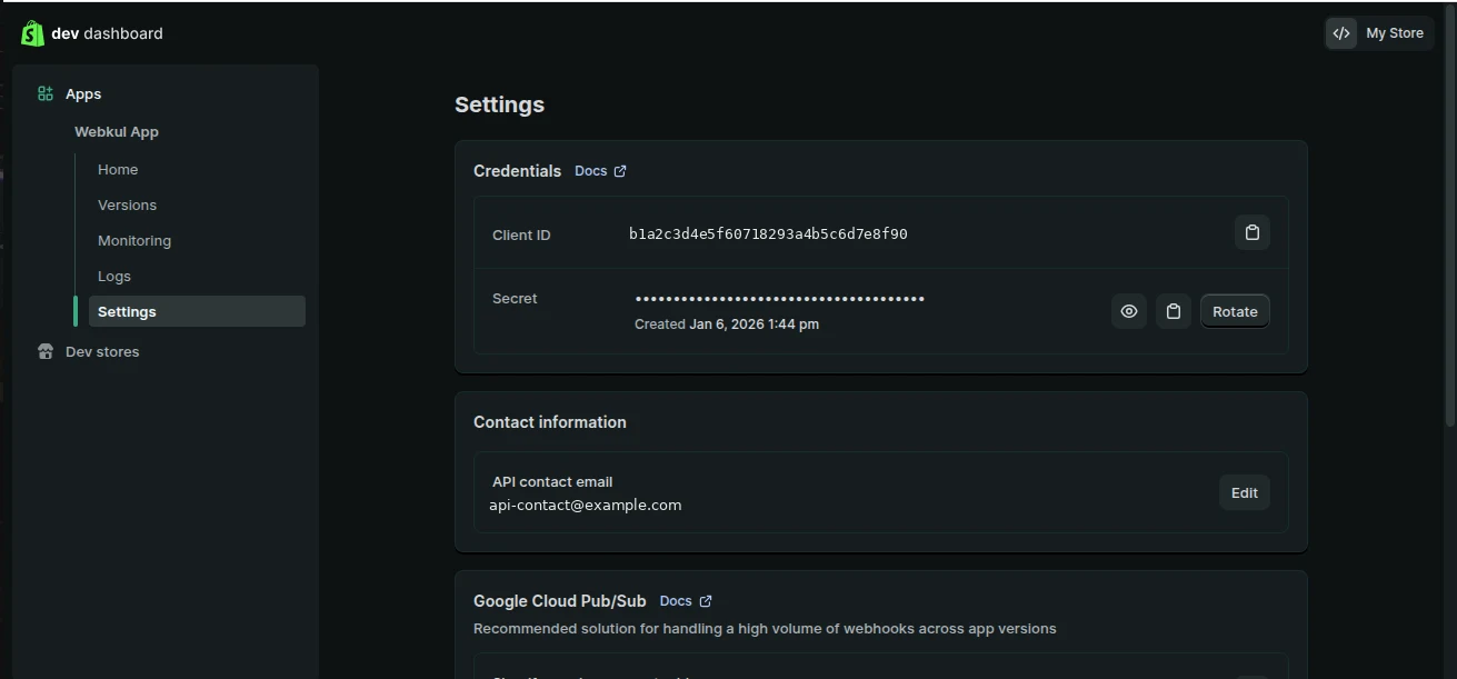 App settings showing the Client ID and Secret