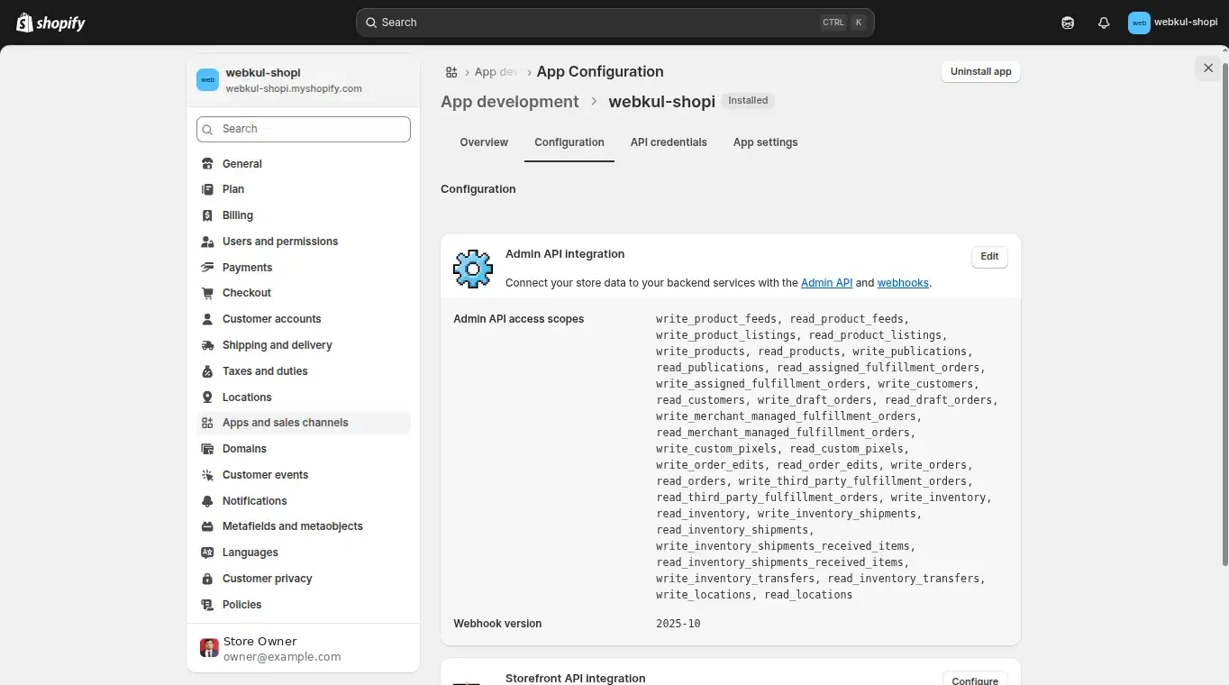 Admin API integration showing the configured access scopes