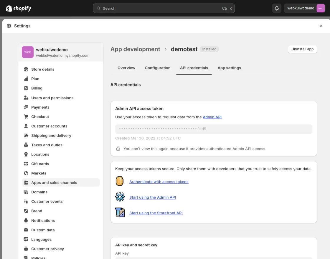 API credentials tab showing the Admin API access token